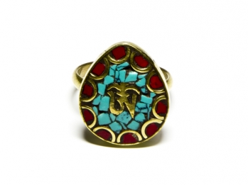 Кольцо с Ом на бирюзово-коралловой мозаике