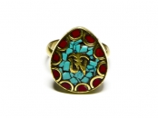 Кольцо с Ом на бирюзово-коралловой мозаике